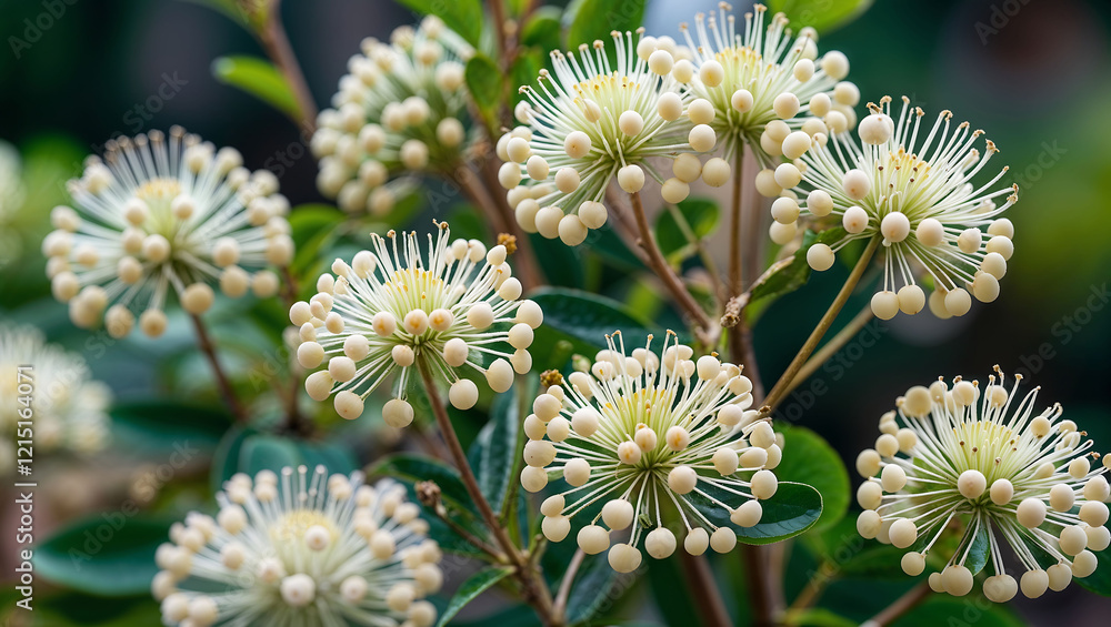Buttonbush flowers showcasing their unique spherical clusters Buttonbush flowers showcasing their unique spherical clusters