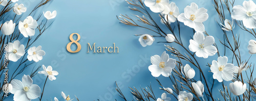 This elegant design features soft overlapping floral elements on a serene blue background, highlighting March 8 and symbolizing love and tenderness
