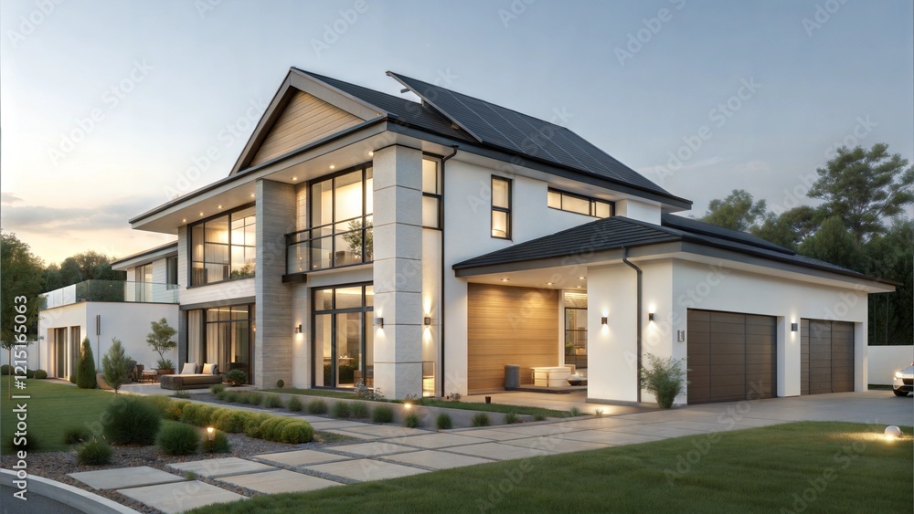 Modern luxury house with solar panels, large windows, and landscaped yard. Modern luxury house with solar panels, large windows, and landscaped yard.