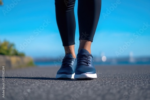 Woman’s Feet in Dark Sneakers on Sunlit Road