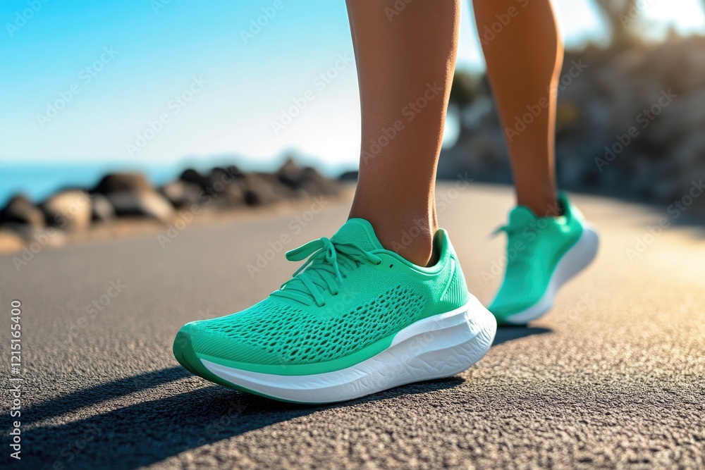 Naklejka premium Runner’s feet in motion along the beachside