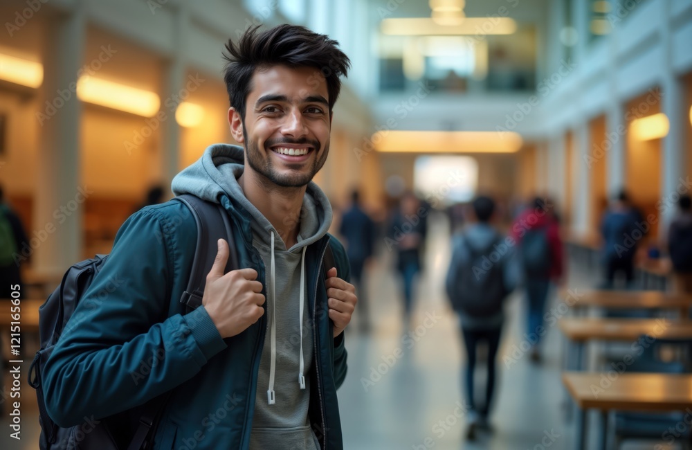 Happy young Indian male student stands in a university hall. He is smiling and holding a backpack. Busy student life in the university hall is visible in the background. Happy young Indian male student stands in a university hall. He is smiling and holding a backpack. Busy student life in the university hall is visible in the background.