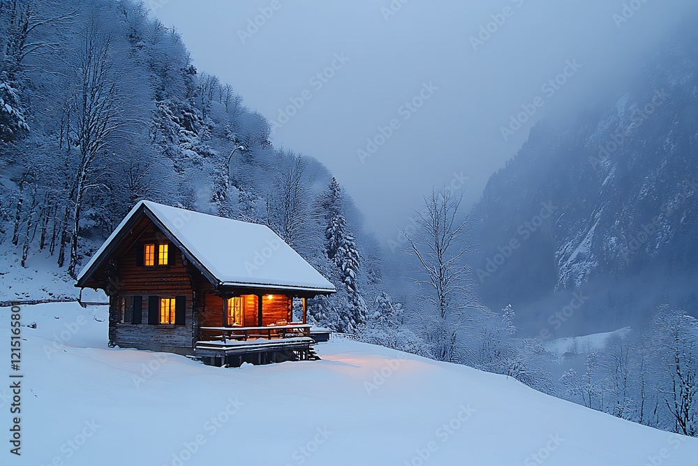 Cozy Cabin nestled in a Snowy Winter Mountain Landscape Cozy Cabin nestled in a Snowy Winter Mountain Landscape