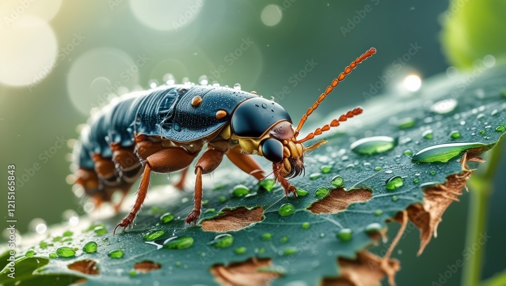 Naklejka premium Close-up of a dark-colored beetle with orange legs on a dew-covered leaf.