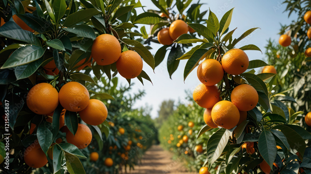 Orange garden with ripe oranges on tree branches. Beautiful orange trees in an orchard. Fruit trees laden with ripe fruits. Juicy citrus fruits ripening in the sun Orange garden with ripe oranges on tree branches. Beautiful orange trees in an orchard. Fruit trees laden with ripe fruits. Juicy citrus fruits ripening in the sun