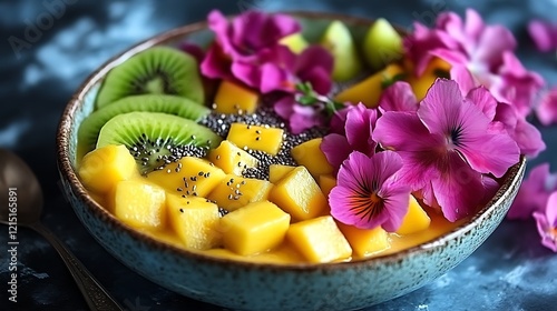 Wallpaper Mural Vibrant Mango Kiwi Chia Bowl with Purple Flowers Torontodigital.ca