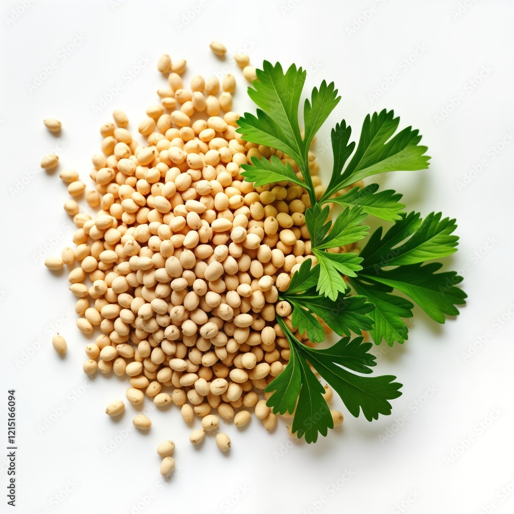 Heap of light beige coriander seeds arranged on white background with fresh green leaves of parsley. Healthy, aromatic food ingredient. Ideal for cooking, seasoning dishes. Organic, natural spice. Heap of light beige coriander seeds arranged on white background with fresh green leaves of parsley. Healthy, aromatic food ingredient. Ideal for cooking, seasoning dishes. Organic, natural spice.