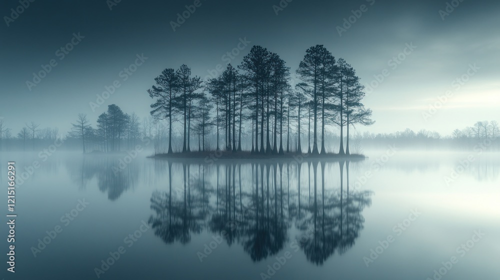 Fototapeta premium Misty lake island trees reflection serenity