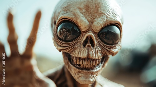 An eerie alien figure with oversized reflective eyes and a distinctive skull-like face, reaching out with a bony hand in a surreal, captivating environment. photo