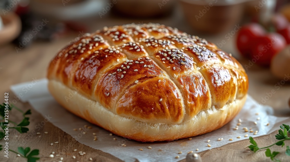 Golden pirozhok on parchment with sesame seeds in a cozy bakery setting Golden pirozhok on parchment with sesame seeds in a cozy bakery setting