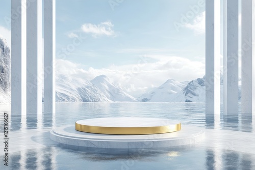 Golden-rimmed platform, snowy mountains backdrop, serene water, product display photo