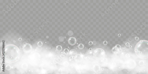 Foam bubbles sparkle glitter shine glow with foamy mist, sparkling stars, and shiny glow on a transparent checkered background.