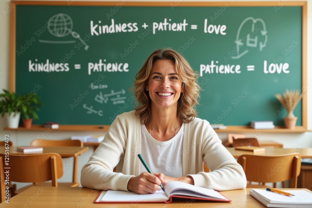 Smiling female teacher writing in a notebook in a classroom with formulas on the blackboard, promoting learning and kindness concept. Happy Mother's Day greeting card or back to school concept Smiling female teacher writing in a notebook in a classroom with formulas on the blackboard, promoting learning and kindness concept. Happy Mother's Day greeting card or back to school concept