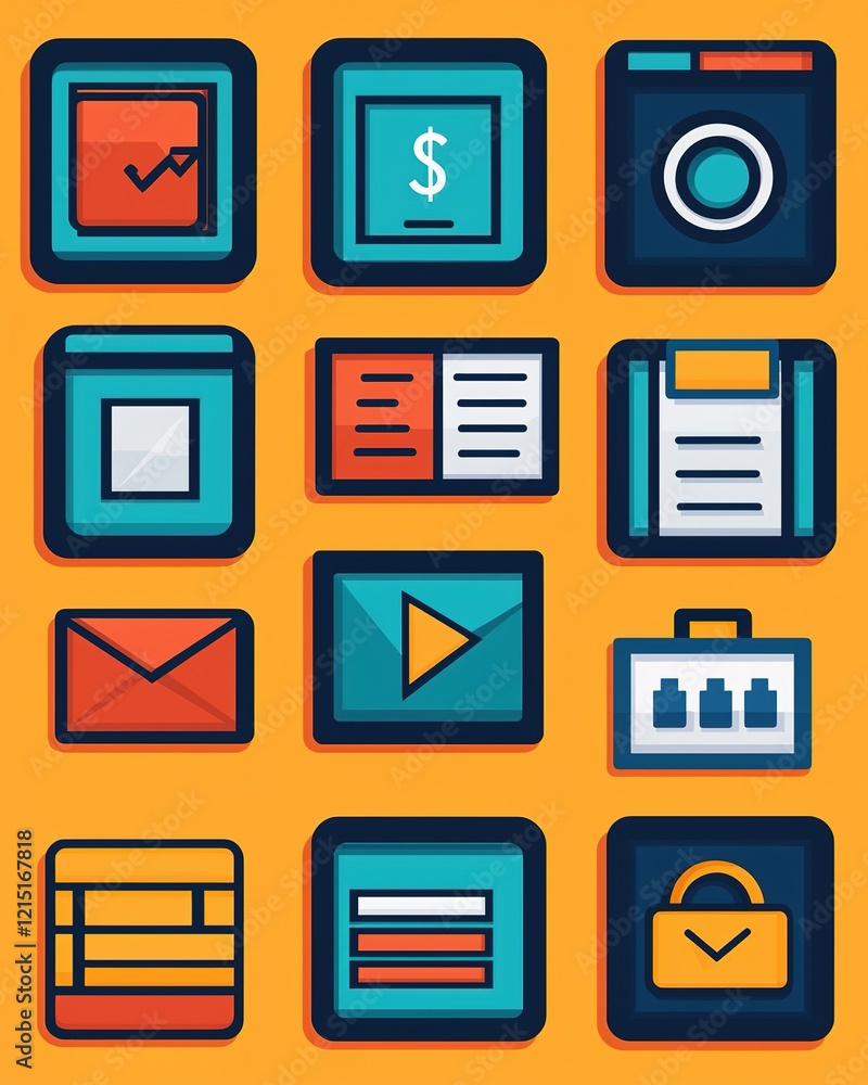 Colorful icon set showcasing various applications like finance, communication, media, and security on a bright orange background. Colorful icon set showcasing various applications like finance, communication, media, and security on a bright orange background.