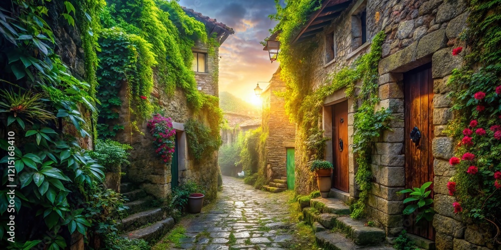 Fototapeta premium Mystical Village Lane: Double Exposure Stock Photo of Ancient Pathway and Lush Greenery