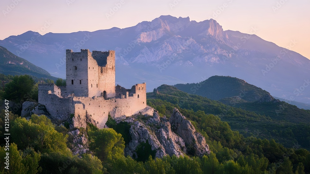 Fototapeta premium Majestic Medieval Castle Nestled Amongst Towering Mountains at Sunrise