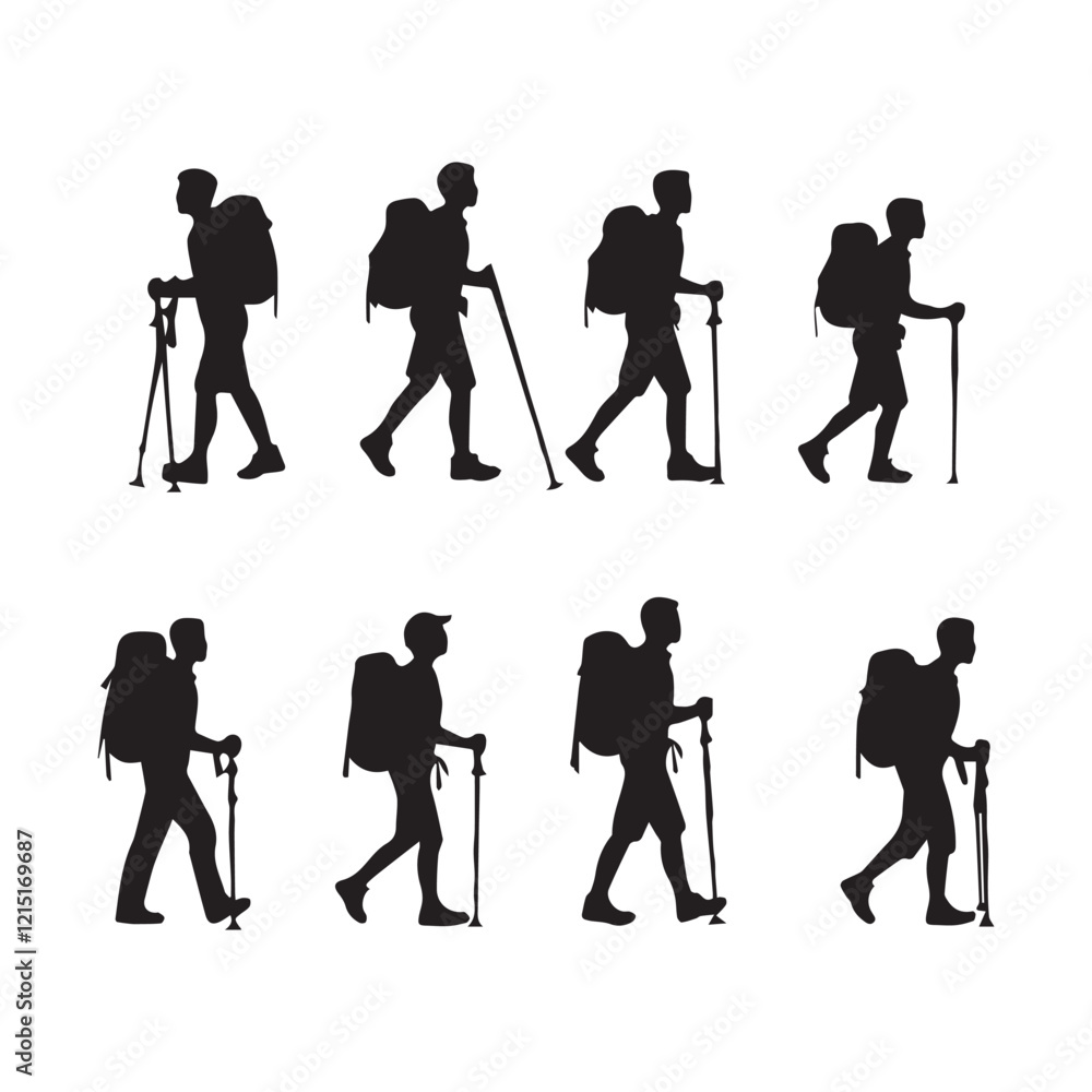 Obraz premium Set of silhouette of Hiking man. hikers with rucksacks and backpack silhouette.