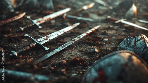 Littered Medieval Battlefield Filled with Swords and Shields Amidst a Gritty and Bloodstained Landscape photo