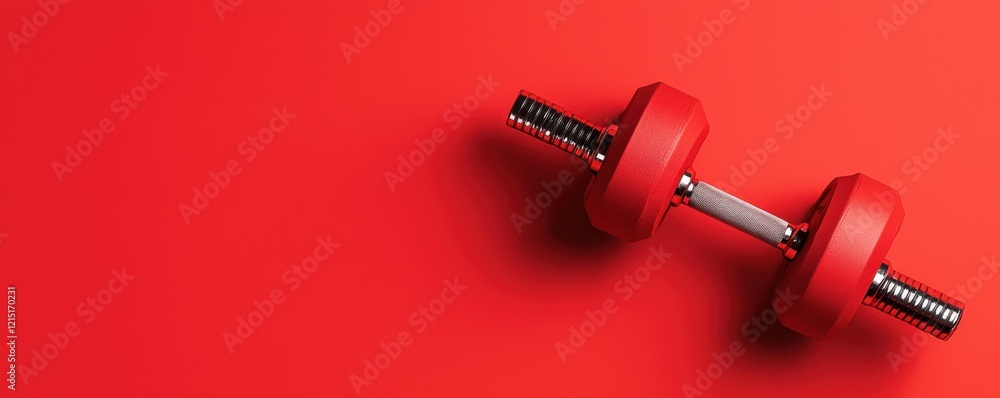 A vibrant red background features a single red dumbbell, symbolizing fitness and strength training. A vibrant red background features a single red dumbbell, symbolizing fitness and strength training.