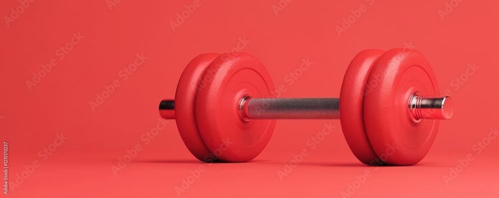 A red dumbbell is positioned on a vibrant red surface, emphasizing fitness and strength training. A red dumbbell is positioned on a vibrant red surface, emphasizing fitness and strength training.