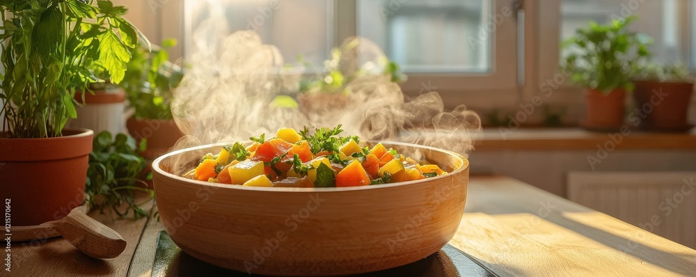 A steaming bowl of colorful vegetables sits on a kitchen counter, surrounded by potted herbs and bathed in warm, natural light. A steaming bowl of colorful vegetables sits on a kitchen counter, surrounded by potted herbs and bathed in warm, natural light.