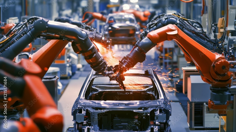 An advanced automotive assembly line with robots assembling vehicles under the supervision of engineers, Automotive assembly line scene, Automated and futuristic style An advanced automotive assembly line with robots assembling vehicles under the supervision of engineers, Automotive assembly line scene, Automated and futuristic style