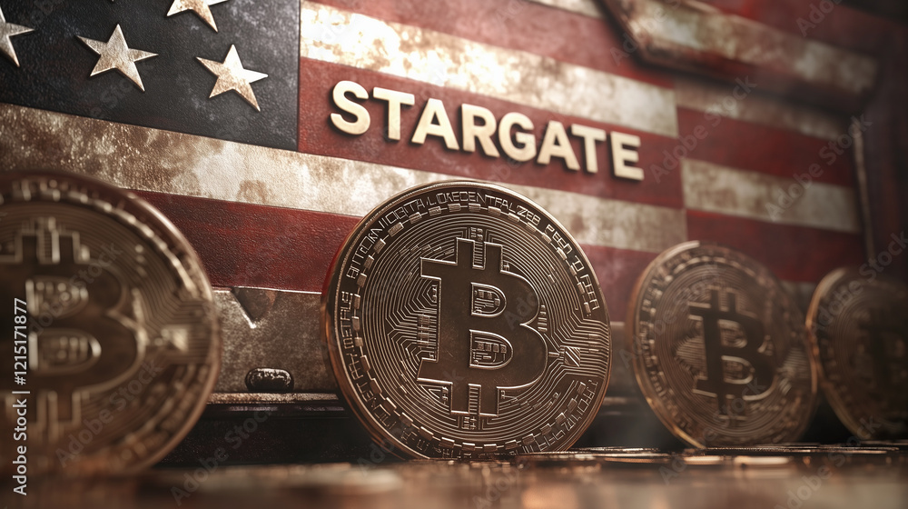 Bitcoins standing on a reflective surface with Stargate text and a United States flag in the background