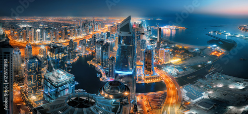 Photography View of the Dubai skyline at night from above