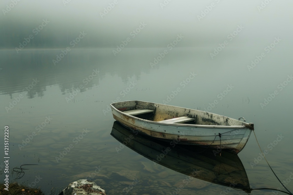 Old wooden rowboat floating on a lake with thick fog during a cold, misty morning Old wooden rowboat floating on a lake with thick fog during a cold, misty morning
