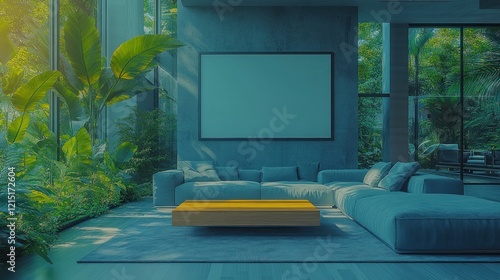Fototapeta Naklejka Na Ścianę i Meble -  Modern living room, jungle view, mockup poster