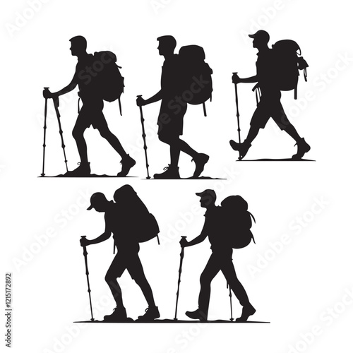  Set of silhouette of Hiking man. hikers with rucksacks and backpack silhouette.