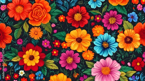 Abstract pattern with vibrant Mexican floral motifs
