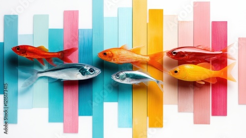 An engaging composition featuring a group of colorful fish swimmin on a pastel-striped background, showcasing the synergy between nature and artistic design. photo