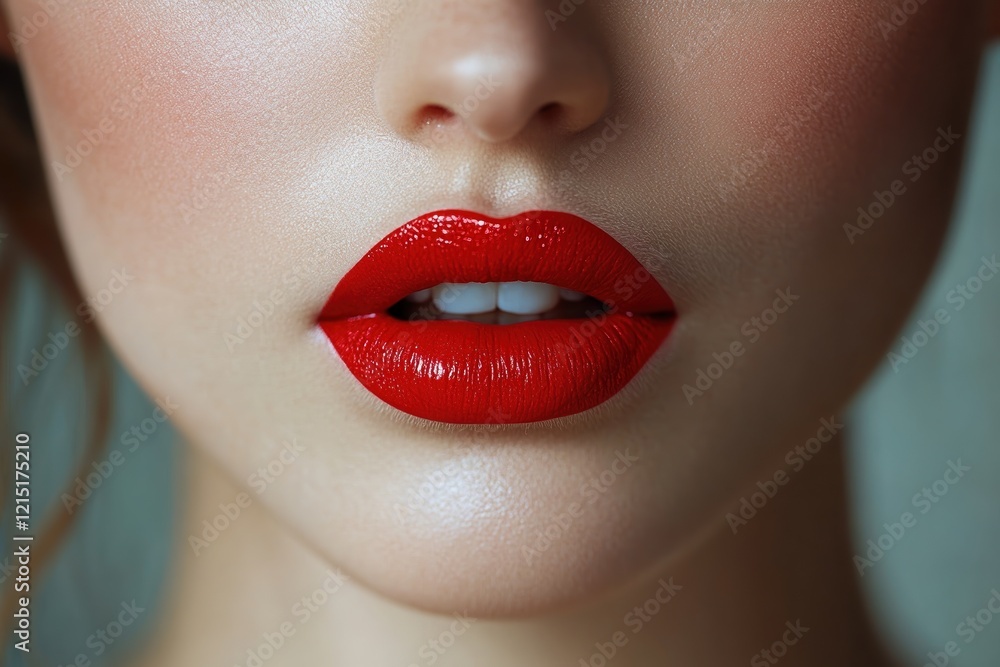Fototapeta premium Bright red lips showcase vibrant makeup in a close-up view