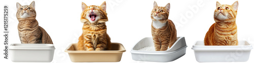 Four cats sitting in different litter trays, each displaying unique expressions, showcasing their playful and curious nature.
