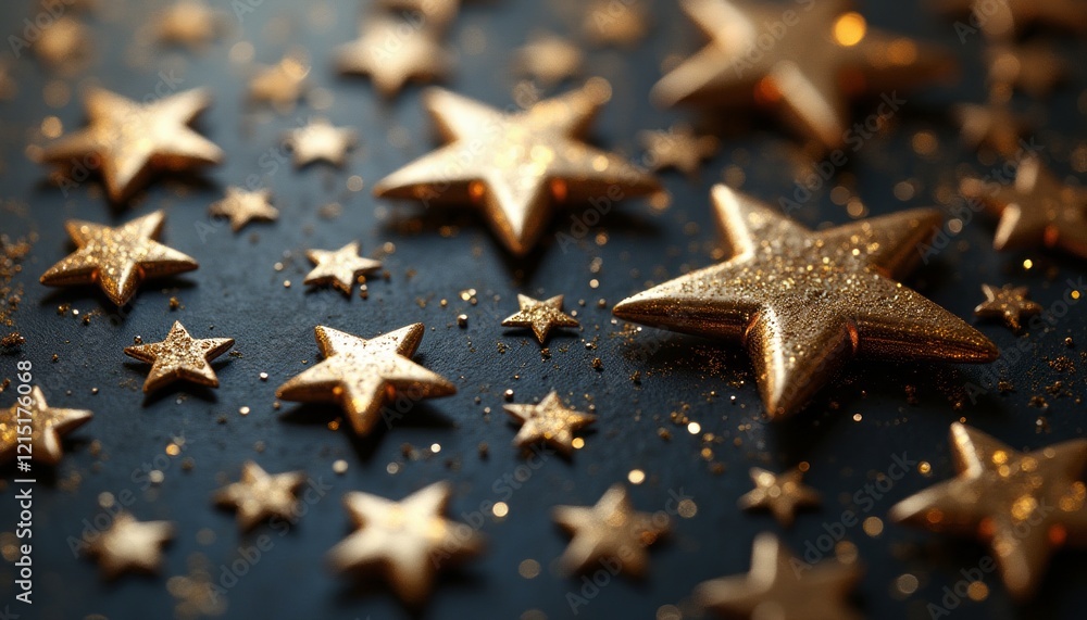 A mesmerizing array of golden stars, varying in size, twinkle against a deep, dark backdrop. The shimmering glitter adds a magical touch, evoking feelings of wonder and celebration, perfect for A mesmerizing array of golden stars, varying in size, twinkle against a deep, dark backdrop. The shimmering glitter adds a magical touch, evoking feelings of wonder and celebration, perfect for