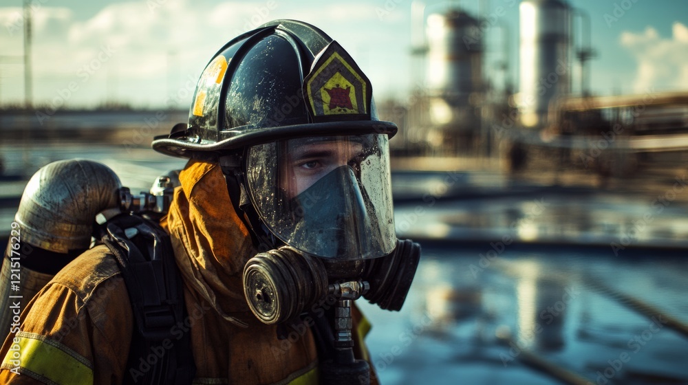 Obraz premium A firefighter in full gear stands vigilant, embodying courage and readiness in an industrial setting amid pipes and tanks.