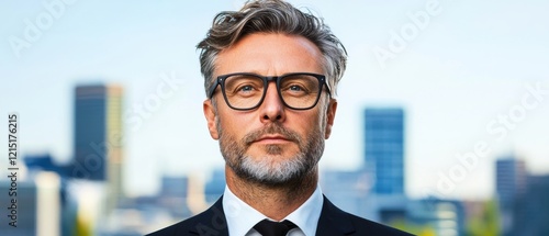 Confident Mature Businessman in Cityscape Background Wearing Glasses