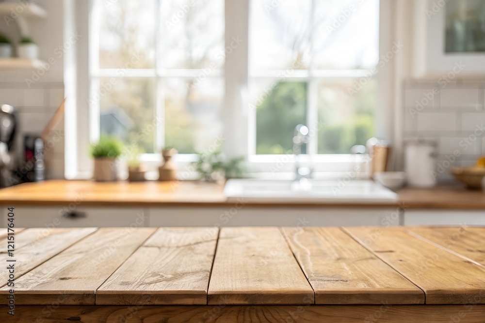 Wooden Tabletop with Blurred Kitchen Window Background – Perfect Mockup for Product Display or Food Showcase Wooden Tabletop with Blurred Kitchen Window Background – Perfect Mockup for Product Display or Food Showcase