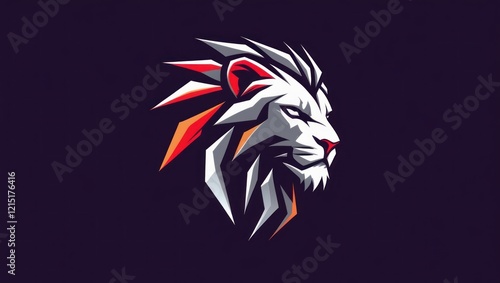 Wallpaper Mural Geometric lion head profile, white, red, orange accents, dark background. Torontodigital.ca