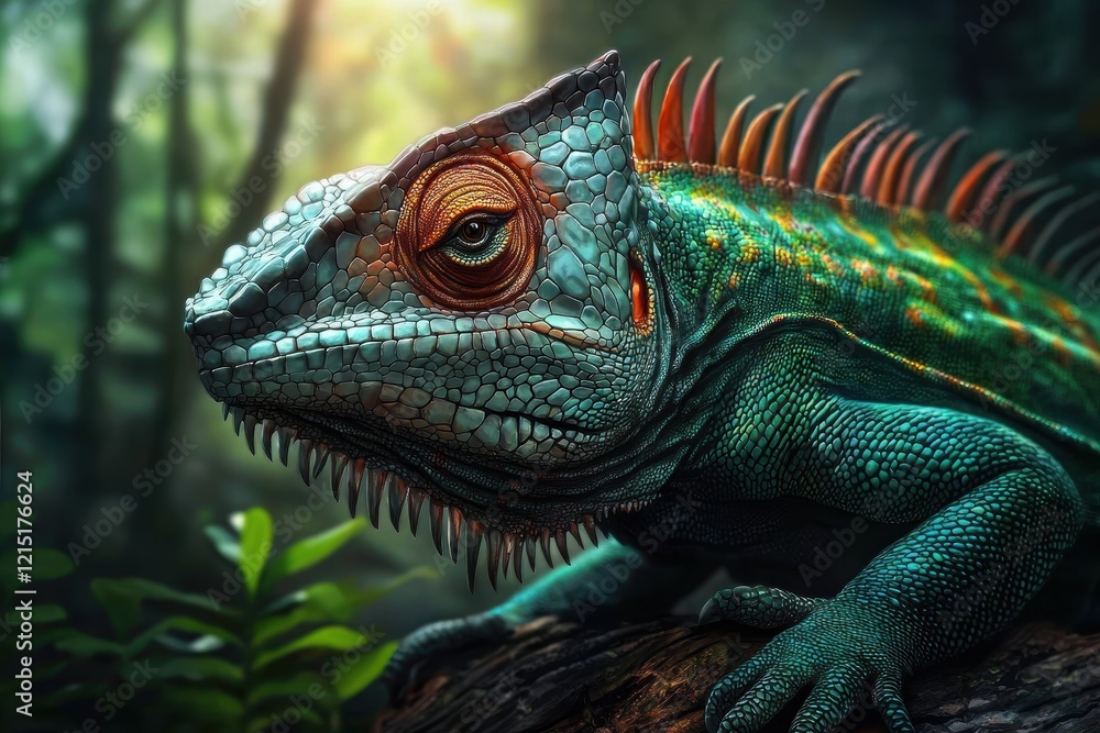 Fototapeta premium A vibrant portrait of a colored chameleon set against a lush forest backdrop.
