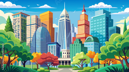 Bryant park, New York, Manhattan. High buildings view from below against blue sky background, sunny day in spring