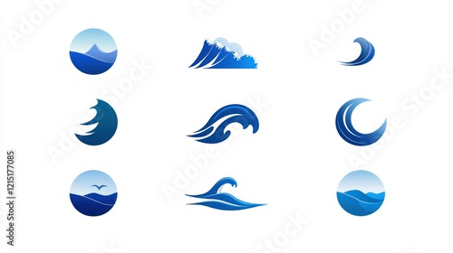 Abstract blue wave logos, various designs, for a brand or company