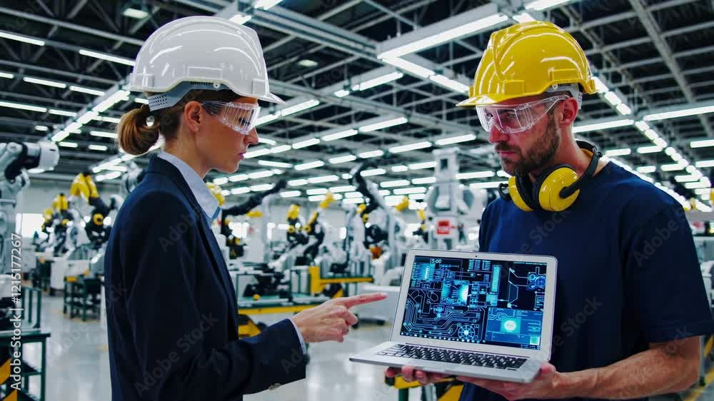 Workers discuss automation technology in a modern manufacturing facility in the afternoon, showcasing advanced systems and collaboration Workers discuss automation technology in a modern manufacturing facility in the afternoon, showcasing advanced systems and collaboration