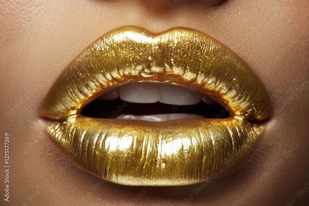 Fototapeta premium Glamorous golden lips that steal the spotlight.