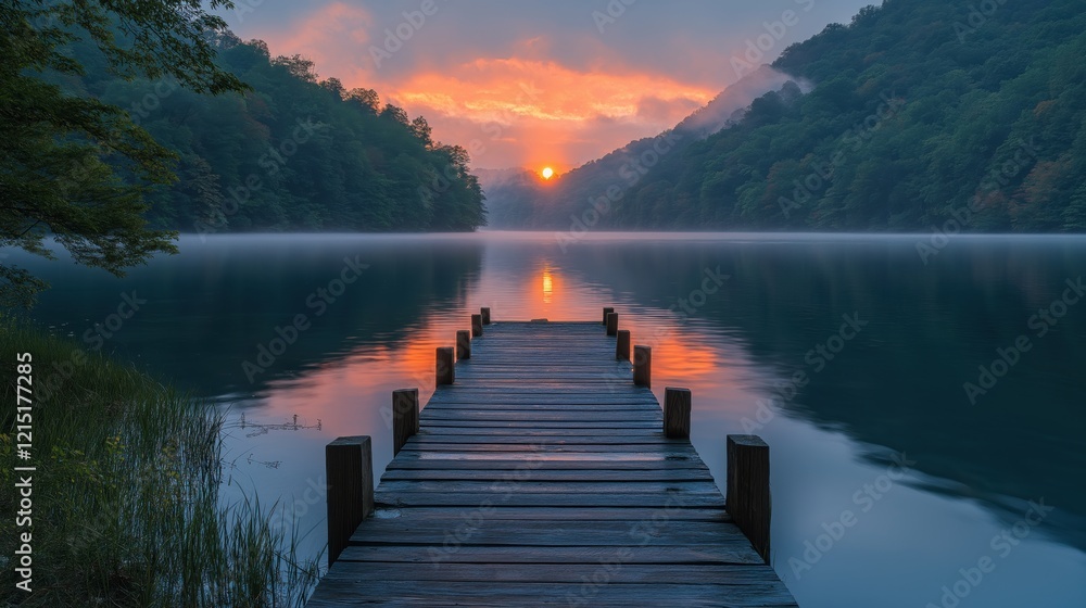 View from a Dock on a Lake, Capturing Calm and Peaceful Morning Vibes with Soft Reflections View from a Dock on a Lake, Capturing Calm and Peaceful Morning Vibes with Soft Reflections