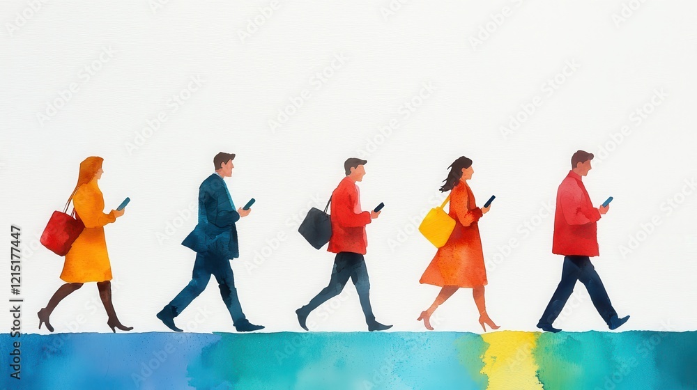 Fototapeta premium Busy People Walking Using Smartphones Urban Lifestyle Watercolor Illustration