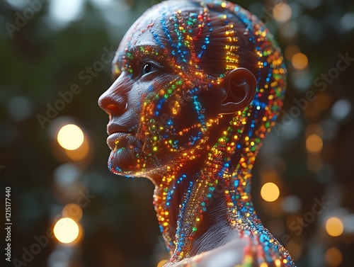 Colorful lights illuminate a woman's face and neck.