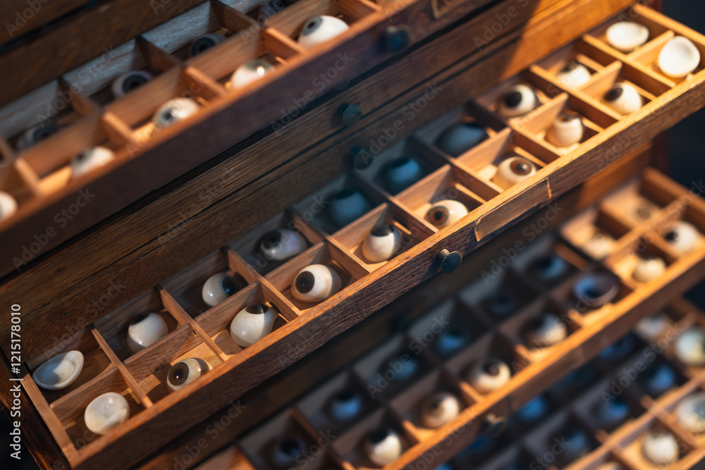 Naklejka premium Wooden case filled with artificial eyes