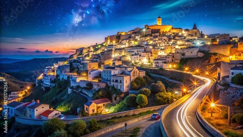 Long Exposure Night Photography of Minervino Murge, Puglia, Italy - Illuminated Townscape photo